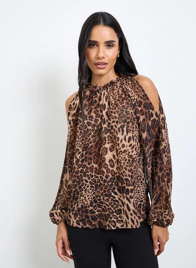 تايك تو Brown Leopard Print Cold Shoulder Sleeve Blouse