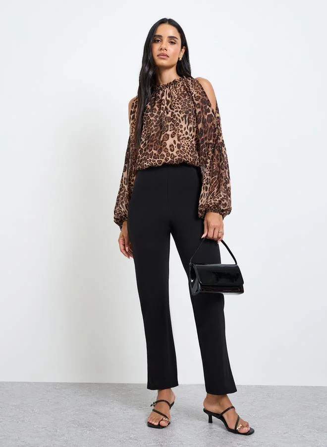 تايك تو Brown Leopard Print Cold Shoulder Sleeve Blouse