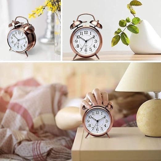 Odzeni Vintage Twin Bell Analog Display Table Alarm Clock with Night LED Light Heavy Slippers Extra Loud Alarm Clock Ideal for Student and Kids Bedroom (Copper), 3x5 Inch - Image 2