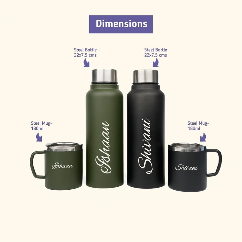 YOUR GIFT STUDIO Customized Stainless Steel Water Bottle with Mug with Name Engrave | Personalized Anniversary Couple Gift Set for Husband, Wife, Men and Women | Customized Couple Gift (Black) - Image 2