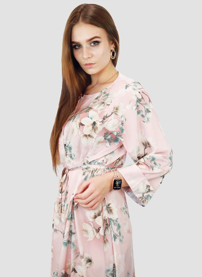 Kidwala Women'S Long Floral Dress With Front Tie Knot, White Grey & Pink Dress, 3/4 Quarter Sleeve, Printed Vintage Dress, Maxi Dress With Front Button, Lady Dress - Image 1