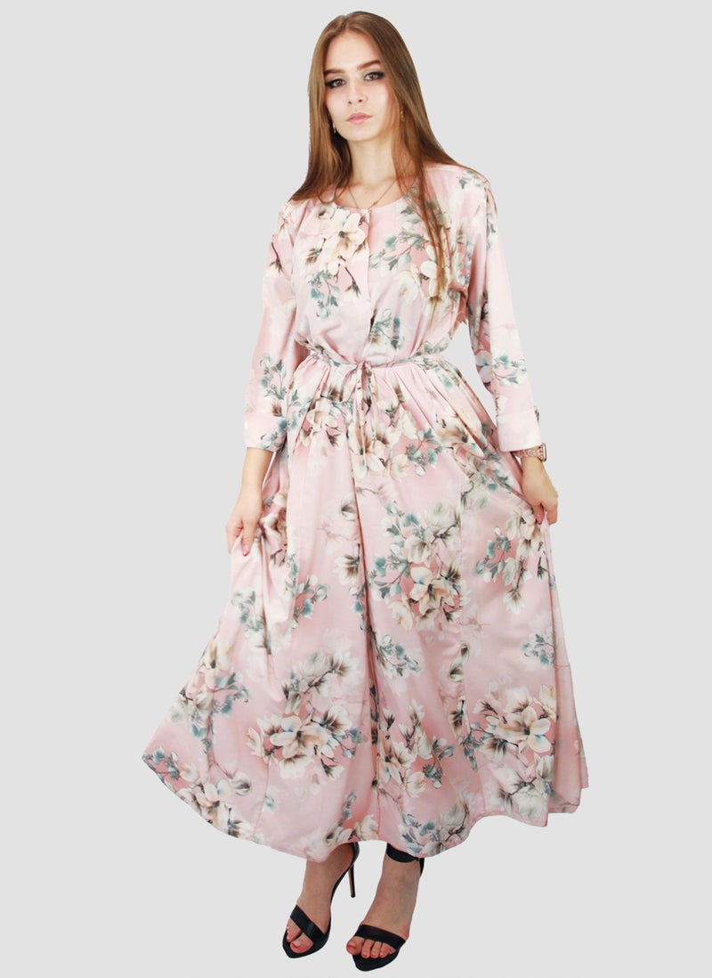 Kidwala Women'S Long Floral Dress With Front Tie Knot, White Grey & Pink Dress, 3/4 Quarter Sleeve, Printed Vintage Dress, Maxi Dress With Front Button, Lady Dress - Image 4