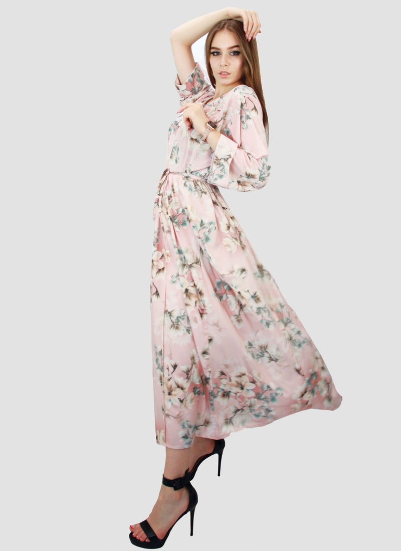 Kidwala Women'S Long Floral Dress With Front Tie Knot, White Grey & Pink Dress, 3/4 Quarter Sleeve, Printed Vintage Dress, Maxi Dress With Front Button, Lady Dress - Image 2