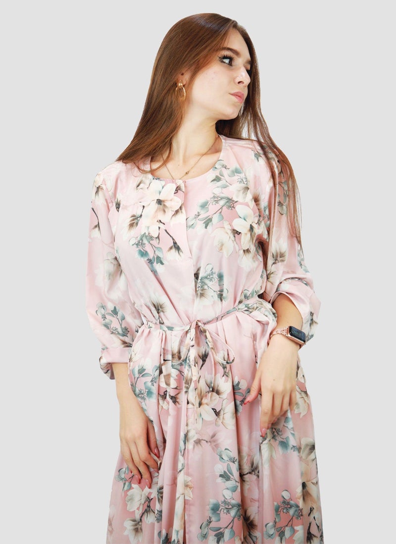 Kidwala Women'S Long Floral Dress With Front Tie Knot, White Grey & Pink Dress, 3/4 Quarter Sleeve, Printed Vintage Dress, Maxi Dress With Front Button, Lady Dress - Image 3