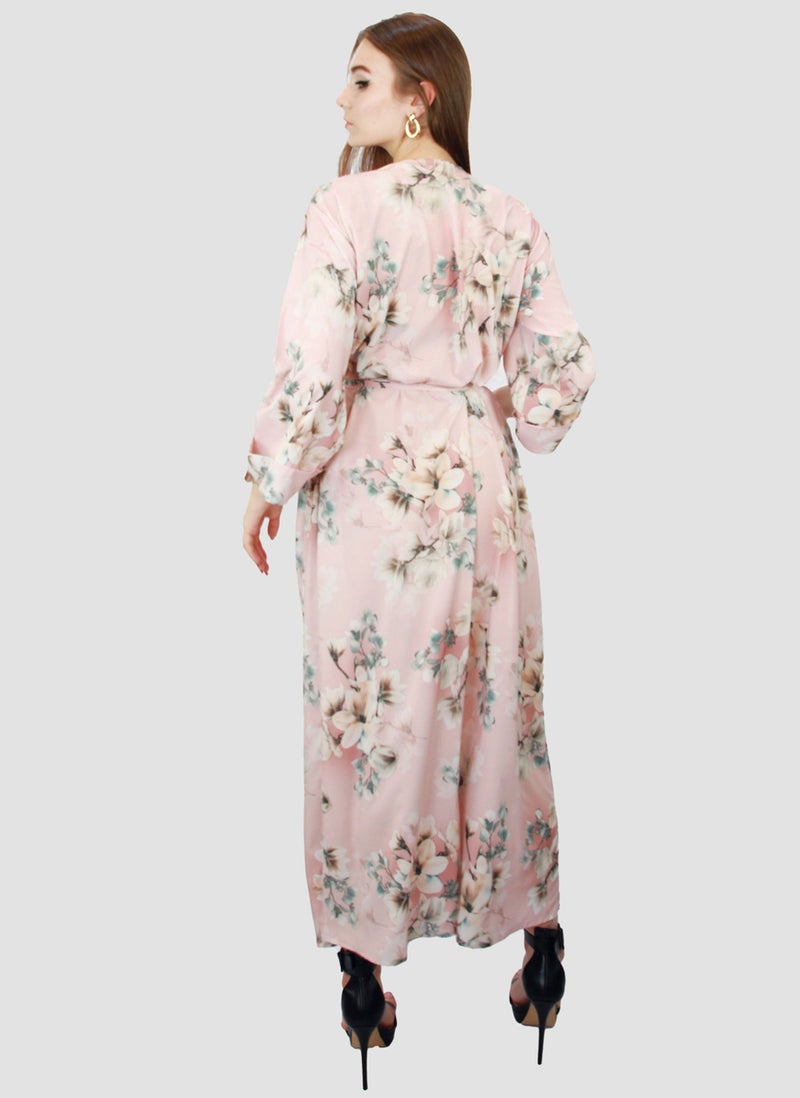 Kidwala Women'S Long Floral Dress With Front Tie Knot, White Grey & Pink Dress, 3/4 Quarter Sleeve, Printed Vintage Dress, Maxi Dress With Front Button, Lady Dress - Image 5