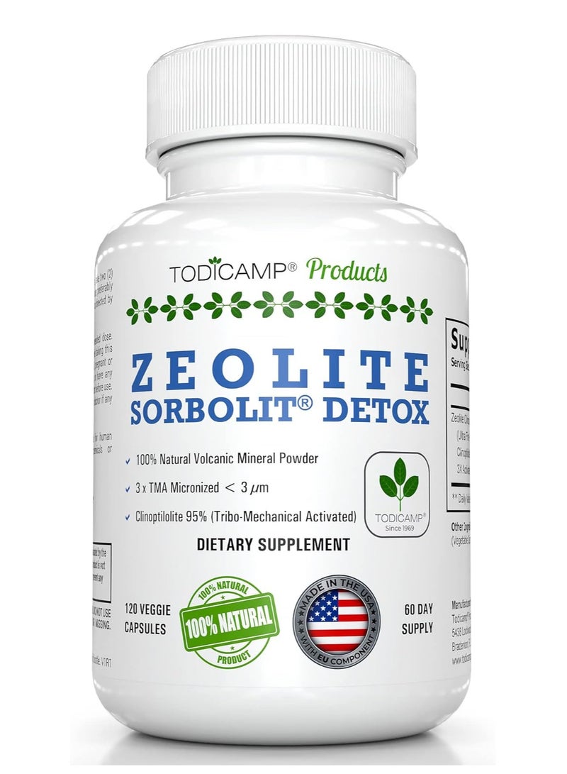 TODICAMP Zeolite Detox Zeolite Capsules Sorbolit Ultra Fine 12 µm Zeolite Clinoptilolite Powder 95% 3X Activated 120 Capsules Zeolite Powder Supplement 2 Months Supply - Image 1