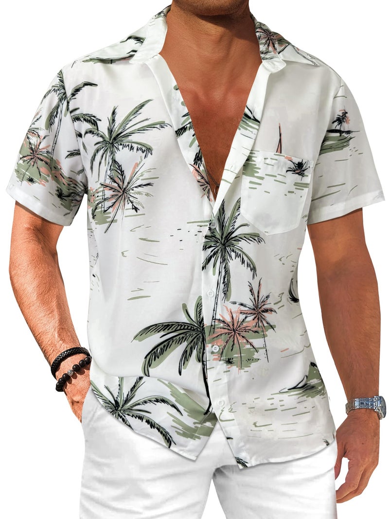 Comdecevis Men's Hawaiian Floral Shirts Short Sleeve Button Down Tropical Summer Beach Shirts Coconut Tree White XX-Large - Image 1