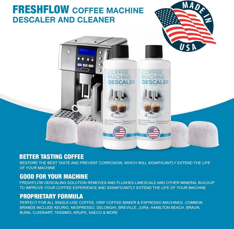 FreshFlow Keurig Compatible Descaling Solution - Descaler Cleaner Concentrate Kit For All 1.0 & 2.0 K-Cup Pod Machines and Espresso Machines - (2 Bottles, 4 Uses Plus 4 Filters) - Image 3