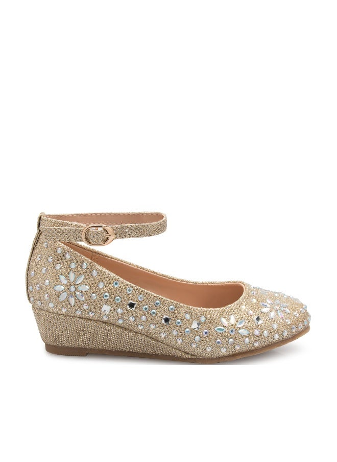 Olivia K Girl's Low Wedge Heel Ankle Strap Sparkly Rhinestone Shoes (Toddler/Little Girl), Gold 4 - Image 1