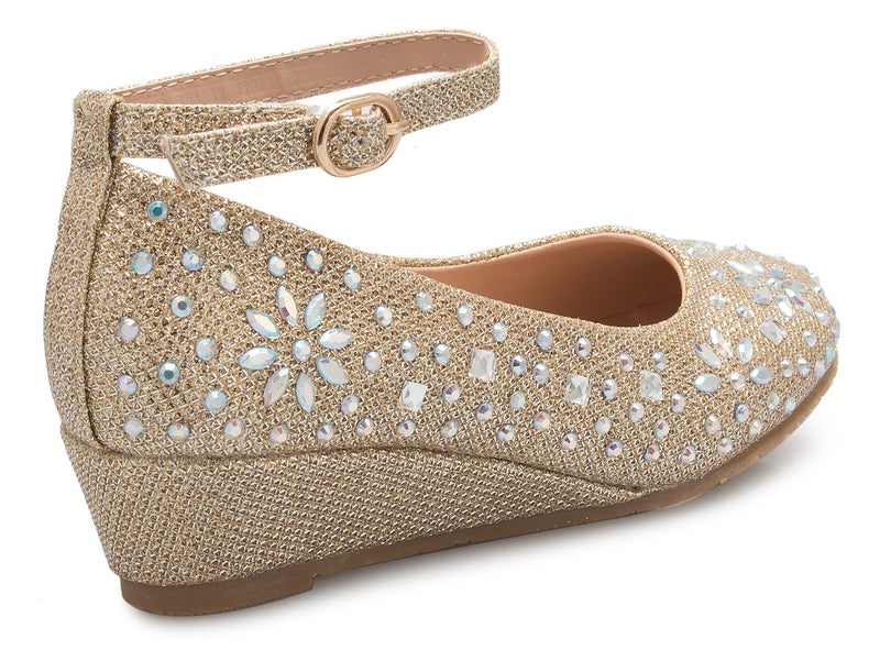Olivia K Girl's Low Wedge Heel Ankle Strap Sparkly Rhinestone Shoes (Toddler/Little Girl), Gold 4 - Image 3