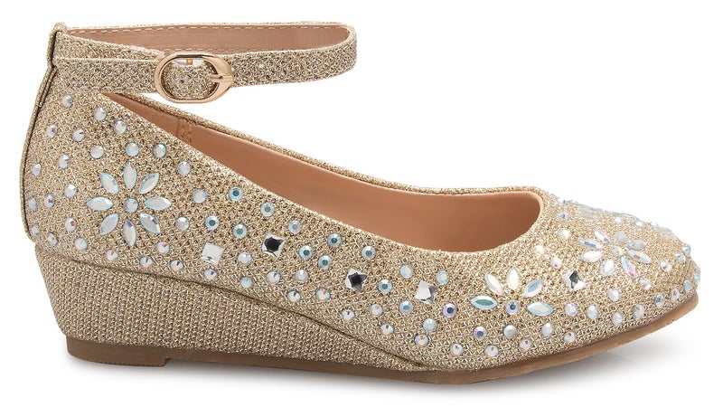 Olivia K Girl's Low Wedge Heel Ankle Strap Sparkly Rhinestone Shoes (Toddler/Little Girl), Gold 4 - Image 2