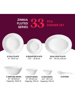 LARAH BY BOROSIL Larah by Borosil Zinnia Fluted Series Opalware Dinner Set | 33 Pieces for Family of 6 | Microwave & Dishwasher Safe | Bone-Ash Free | Crockery Set for Dining & Gifting | Plates & Bowls | White  - Image 2