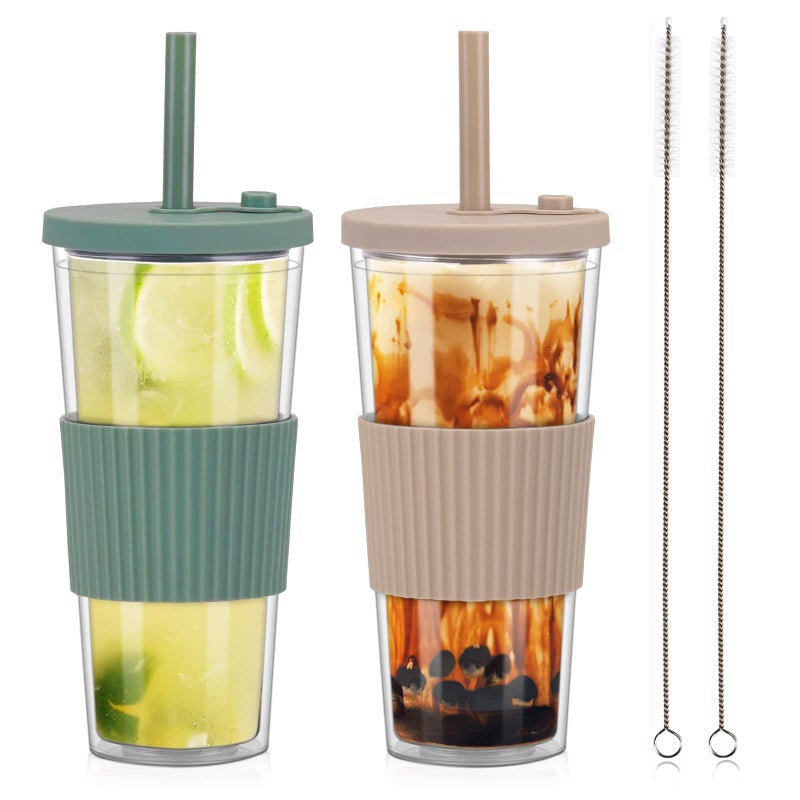 UHAPEER 2 Pack Reusable Boba Tea Cups 24oz Iced Coffee Cup with Straw and Lid Leakproof Clear Plastic Cups Tumbler Double Wall Insulated Smoothie Tumbler Wide Straw for Bubble Tea CinnamonOlive