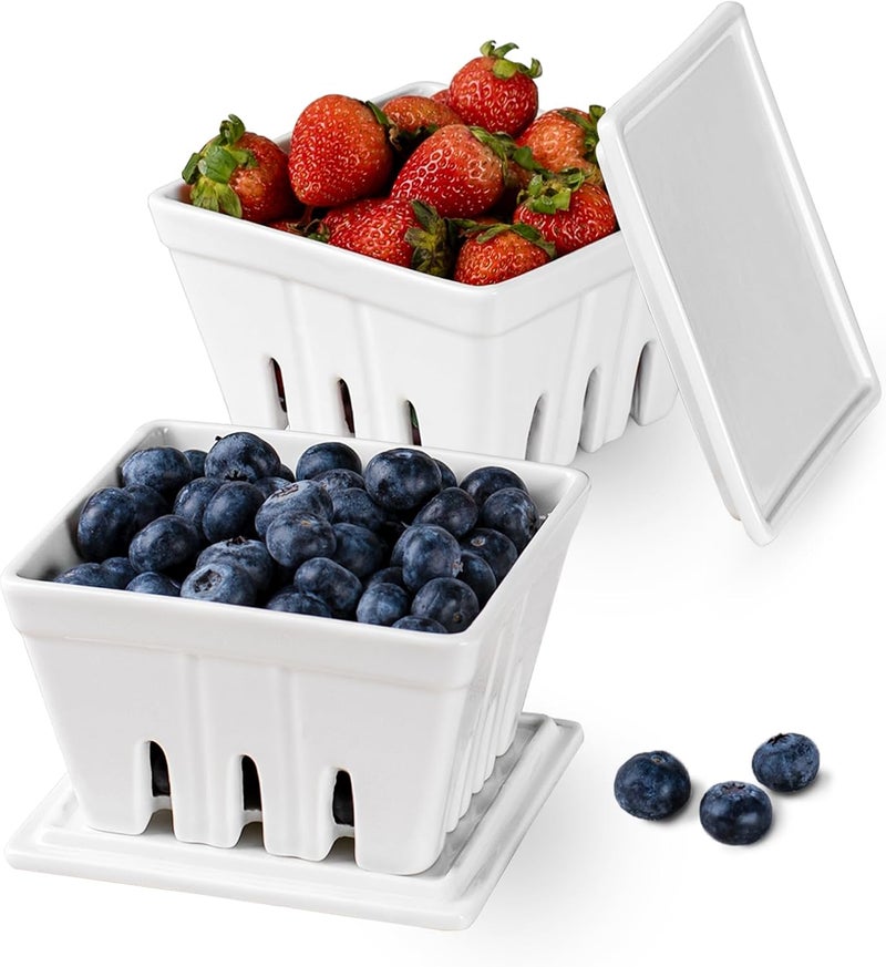 Dizada Ceramic Berry Basket with Lids Fruit BowlBaskets with Covers 5 Inch Colander For Kitchen Fruit Bowls for Strawberry Grape Cherry Berries Stoneware Harvest Bowls Set of 2 White - Image 1