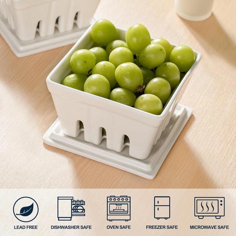 Dizada Ceramic Berry Basket with Lids Fruit BowlBaskets with Covers 5 Inch Colander For Kitchen Fruit Bowls for Strawberry Grape Cherry Berries Stoneware Harvest Bowls Set of 2 White - Image 5