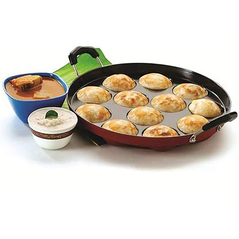 SHETAPRIDE 12 Cavities Non Stick Appam Patra with Lid and Side Handle/kulipaniyaram pan nonstick/appe/Paniyarrakal/Paniyaram, 0.5 L Capacity 23.5 cm Diameter (Aluminium, Non-Stick, Red) - Image 2