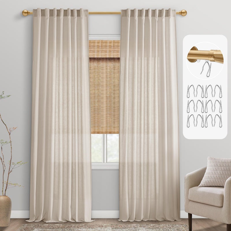 PANELSBURG Beige Linen Curtains 90 Inches Long for Living Room Light Filtering Back Tab Pleated Farmhouse Boho Semi Sheer Oatmeal Earthy Curtains 90 Inch Length for Bedroom Dining Room(50 Wx90 L Greige) - Image 1