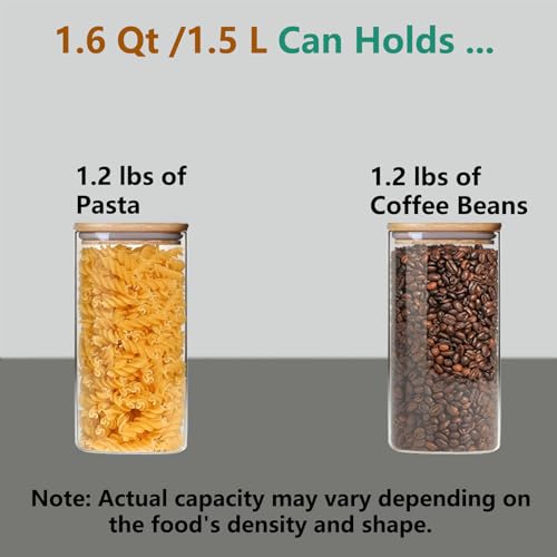 VIEWELLD 1.6 Qt Square Glass Storage Containers with Lids, Clear Food Storage Container Jar with Sealing Bamboo Lid for Noodles Flour Cereal Rice Sugar Tea Coffee Beans,Square Set of 3 - Image 3