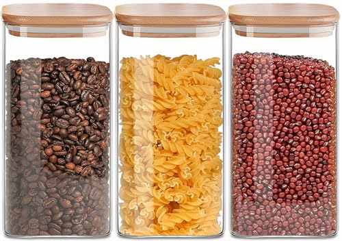 VIEWELLD 1.6 Qt Square Glass Storage Containers with Lids, Clear Food Storage Container Jar with Sealing Bamboo Lid for Noodles Flour Cereal Rice Sugar Tea Coffee Beans,Square Set of 3 - Image 1