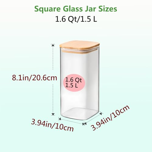 VIEWELLD 1.6 Qt Square Glass Storage Containers with Lids, Clear Food Storage Container Jar with Sealing Bamboo Lid for Noodles Flour Cereal Rice Sugar Tea Coffee Beans,Square Set of 3 - Image 2