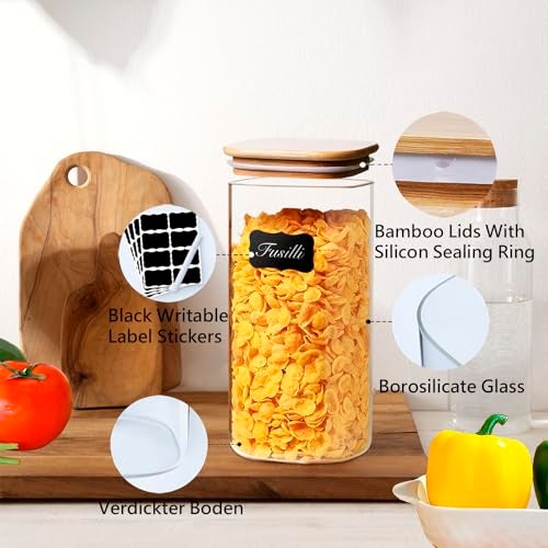 VIEWELLD 1.6 Qt Square Glass Storage Containers with Lids, Clear Food Storage Container Jar with Sealing Bamboo Lid for Noodles Flour Cereal Rice Sugar Tea Coffee Beans,Square Set of 3 - Image 4