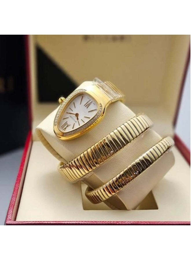 ساعة نسائية ذهبية كوبرا – تصميم فاخر على شكل ثعبان بسوار ملتف مزين بالكريستال - Image 3