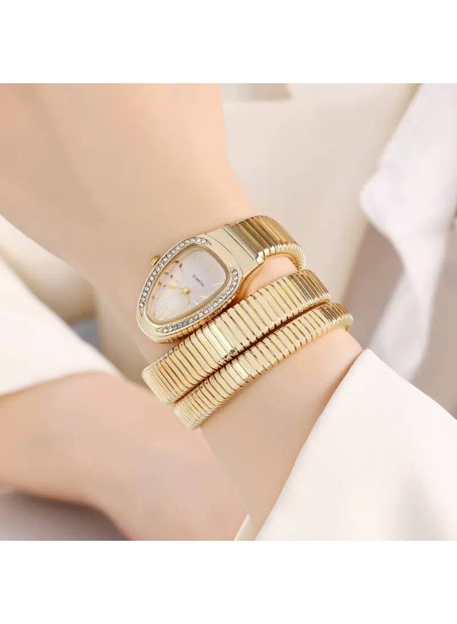 ساعة نسائية ذهبية كوبرا – تصميم فاخر على شكل ثعبان بسوار ملتف مزين بالكريستال - Image 1