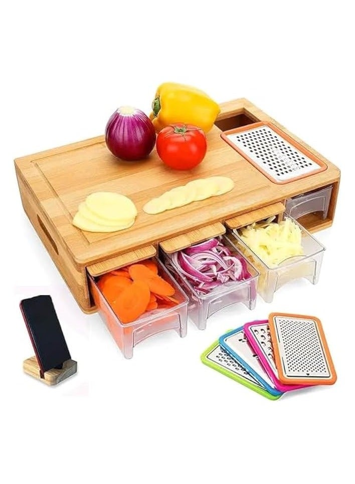 PROMASS Bamboo Cutting Boards with 4 Containers, 4 Graters, 1 Phone Holder - Image 1