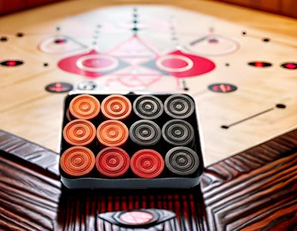 TS Playy Tournament Carrom Board Coins Set – 8mm Wooden Look, Premium Gloss Finish | Includes Floral Striker & Disco Powder | 24 Coins with Storage Box - Image 4