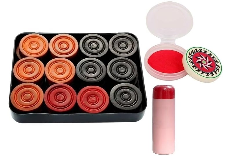 TS Playy Tournament Carrom Board Coins Set – 8mm Wooden Look, Premium Gloss Finish | Includes Floral Striker & Disco Powder | 24 Coins with Storage Box - Image 1