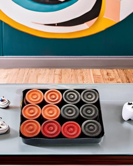 TS Playy Tournament Carrom Board Coins Set – 8mm Wooden Look, Premium Gloss Finish | Includes Floral Striker & Disco Powder | 24 Coins with Storage Box - Image 5
