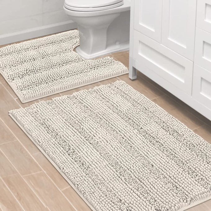 HVERSAILTEX BATHROOM RUGS BATH RUG SET 2 PIECE BATHROOM CONTOUR RUG TOILET MAT SETS NON SLIP CONTOUR BATH RUG ULTRA THICK WATER ABSORBENT STRIPED BATH MATS WASHABLE36 X 24 PLUS 20 X 24 U IVORY