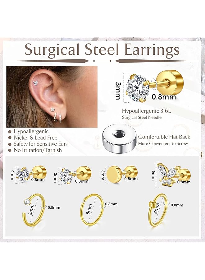 erorex Hypoallergenic Surgical Steel Earrings For Sensitive Ears Flat Back Earrings For Women Men Small Stainless Steel Earrings Flatback Stud Hoop Cartilage Earring Set For Multiple Piercing… - Image 1