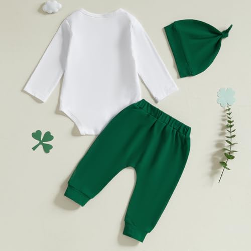 Karuedoo Newborn Baby Boy St Patricks Day Outfit Letter Shamrock Print Long Sleeve Romper Long Pants Hat 3Pcs Outfits Set (AA-White, 0-3 Months) - Image 3