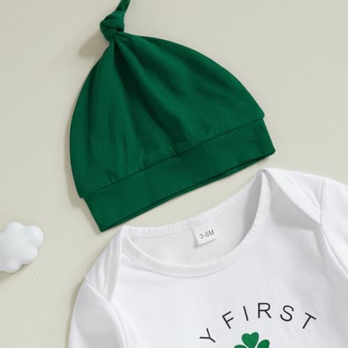 Karuedoo Newborn Baby Boy St Patricks Day Outfit Letter Shamrock Print Long Sleeve Romper Long Pants Hat 3Pcs Outfits Set (AA-White, 0-3 Months) - Image 4