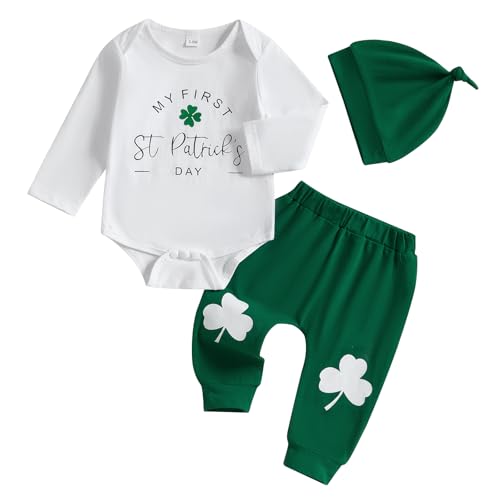 Karuedoo Newborn Baby Boy St Patricks Day Outfit Letter Shamrock Print Long Sleeve Romper Long Pants Hat 3Pcs Outfits Set (AA-White, 0-3 Months) - Image 1
