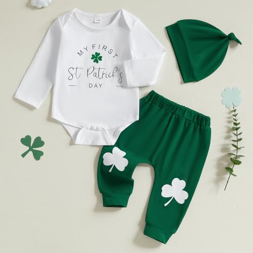 Karuedoo Newborn Baby Boy St Patricks Day Outfit Letter Shamrock Print Long Sleeve Romper Long Pants Hat 3Pcs Outfits Set (AA-White, 0-3 Months) - Image 2