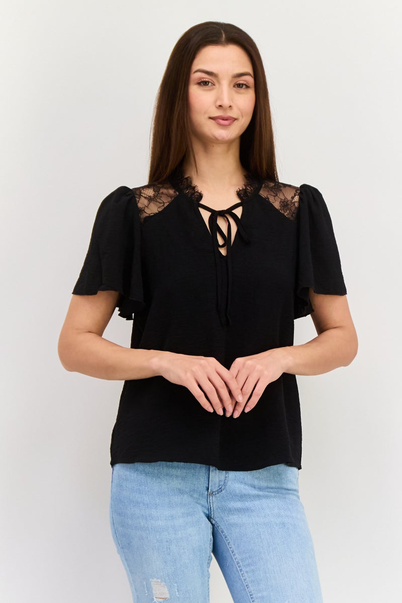 VERO MODA Women Tie Neck Short Sleeve Solid Top, Black - Image 1