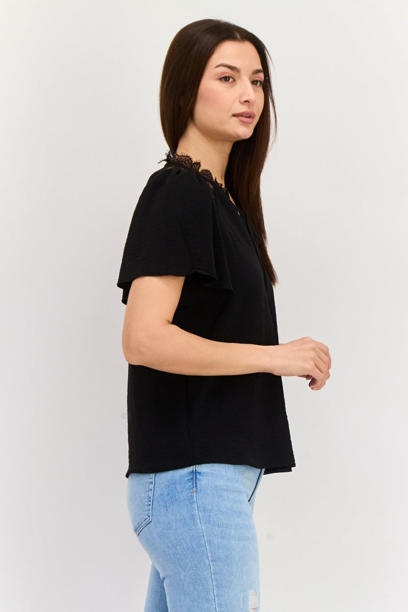 VERO MODA Women Tie Neck Short Sleeve Solid Top, Black - Image 3