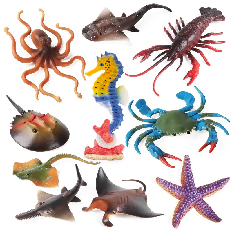 Sienon 10Pcs Ocean Animals Toys Figures Large Plastic Sea Creature Figurines Seahorse Starfish Crab Lobster Octopus Devilfish Rays Shark for Kids Educational Birthday Party Favors Cake Decoration Bath Toy - Image 2