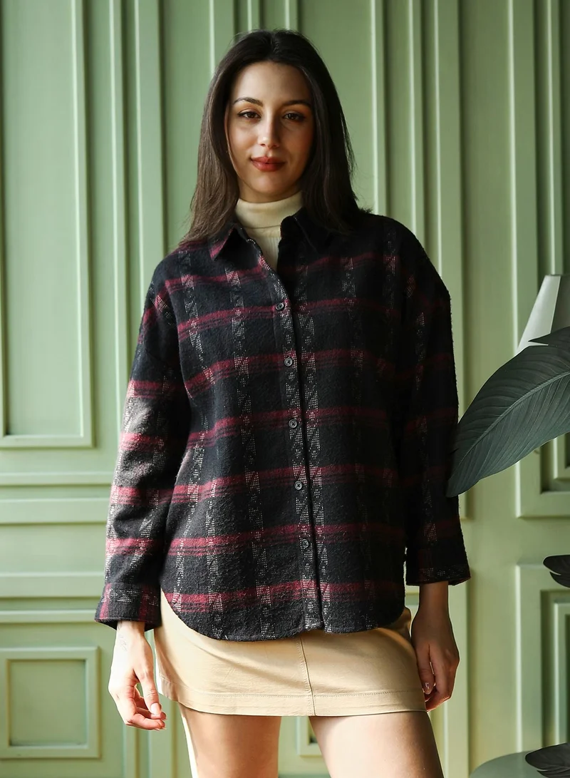 PINACOLADA Women's Folk-Plaid Oversized Shirt | Spread Collar , Long Button-Cuff Sleeves, Button Closure | Checks Brushed Woven Shirt For Casual & Daily Wear | Wine Red & Midnight Black