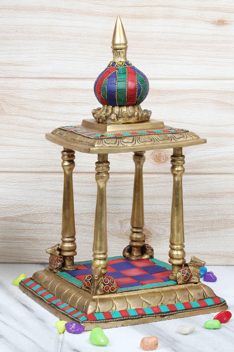 ARTVARKO™ Brass Temple Handcrafted Multicolor Gemstone for Goddess Pooja Ghar Mandir Height 13 Inch. - Image 1