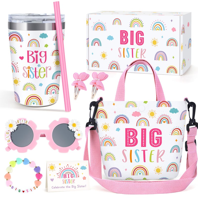YENCHORN Big Sister Gifts for Girls Cute Promoted to New Big Sister to Be Announcement Gift Set Basket Includes 12OZ Tumbler Canvas Bag Bracelet for Little Girls Gift Ideas for Older Siblings of New Baby - Image 1