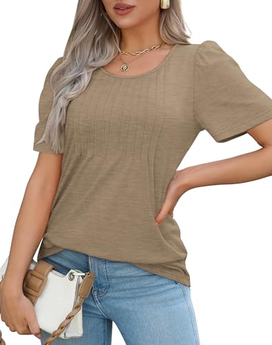 OFEEFAN Shirts for Women Dressy Casual Summer Clothes Short Sleeve Loose Fit Flowy Business Work Outfits Women Blouses Camel XL - Image 3