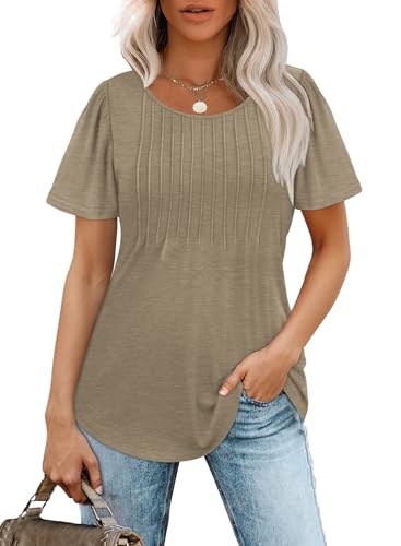 OFEEFAN Shirts for Women Dressy Casual Summer Clothes Short Sleeve Loose Fit Flowy Business Work Outfits Women Blouses Camel XL - Image 2
