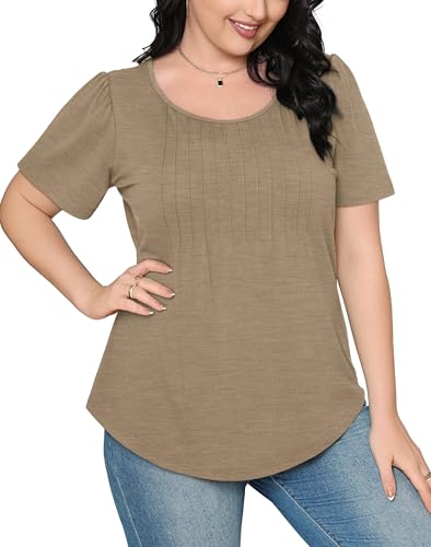 OFEEFAN Shirts for Women Dressy Casual Summer Clothes Short Sleeve Loose Fit Flowy Business Work Outfits Women Blouses Camel XL - Image 4