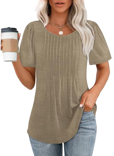 OFEEFAN Shirts for Women Dressy Casual Summer Clothes Short Sleeve Loose Fit Flowy Business Work Outfits Women Blouses Camel XL - Image 1
