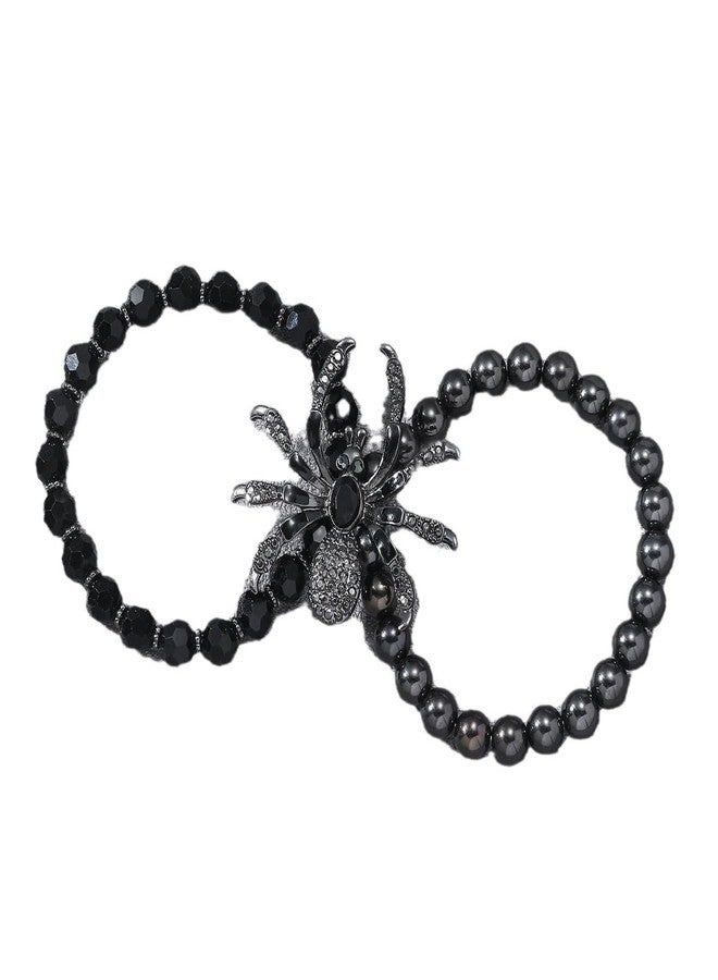 YERTTER Gothic Black Beaded with Rhinestones and Crystals Spider Stretch Bracelet Punk Holloween Bangle for Women Men (Black) - Image 5