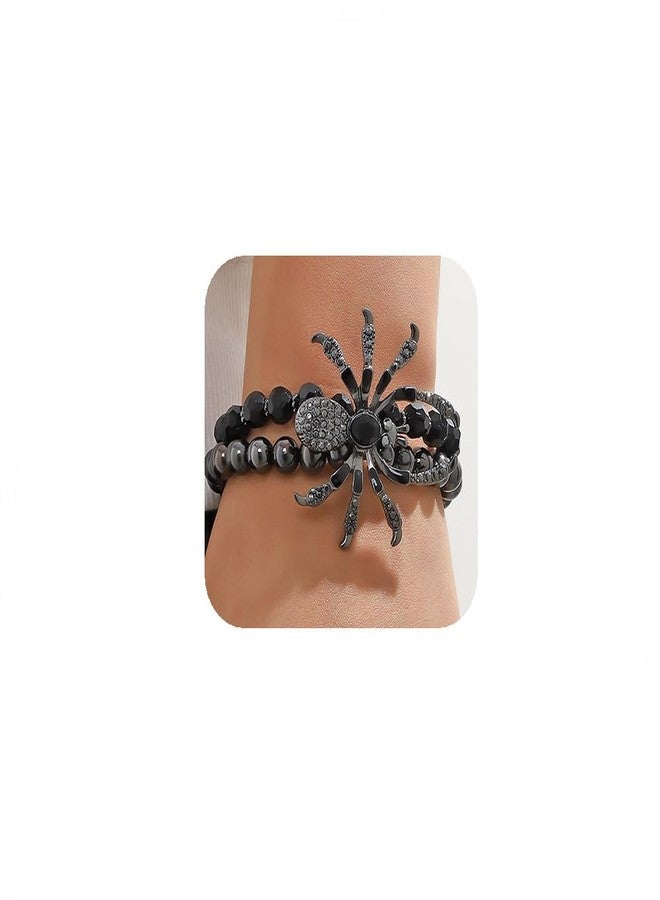 YERTTER Gothic Black Beaded with Rhinestones and Crystals Spider Stretch Bracelet Punk Holloween Bangle for Women Men (Black) - Image 1