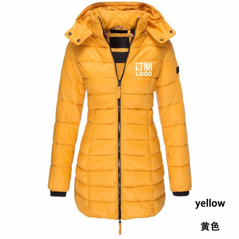 Printed logo printing European size cross-border winter womens cotton jacket mid-length slim warm solid color hooded Gray - Image 3